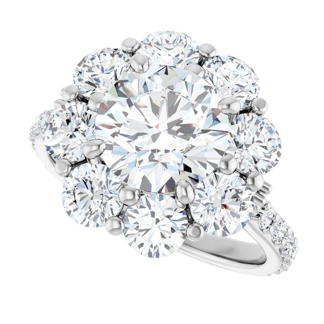 4.36 Tcw Round Moissanite DEF/VVS Floral Halo Engagement Ring in 18KW | View5 4.36 Tcw Round Moissanite DEF/VVS Floral Halo Engagement Ring in 18KW | View5