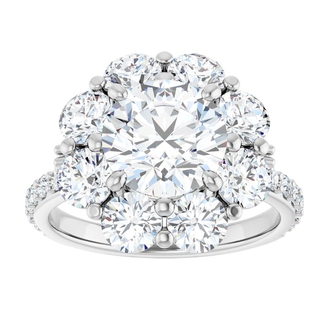 4.36 Tcw Round Moissanite DEF/VVS Floral Halo Engagement Ring in 18KW | ViewS 4.36 Tcw Round Moissanite DEF/VVS Floral Halo Engagement Ring in 18KW | ViewS