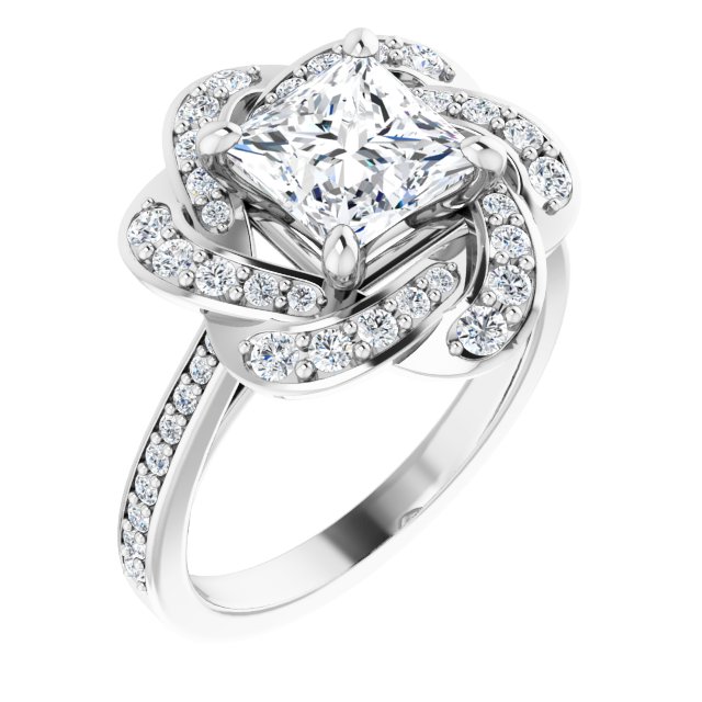 2.20 Tcw Square Moissanite DEF/VVS Floral Halo Engagement Ring in 14KW | ViewA