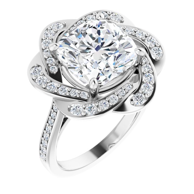 5.59 Tcw Cushion Lab-Grown D/VVS2+ Floral Halo Engagement Ring in 18KW | ViewA 5.59 Tcw Cushion Lab-Grown D/VVS2+ Floral Halo Engagement Ring in 18KW | ViewA