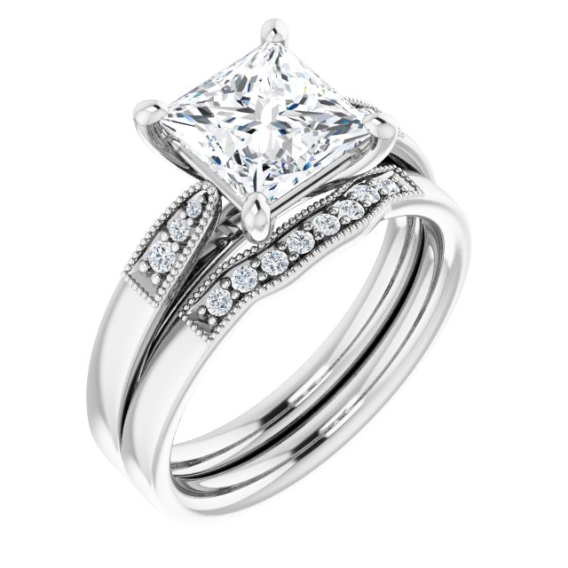 2.15 Square Moissanite DEF/VVS Cathedral Sidestone Engagement Ring in 18KW | AllComponents_ViewA 2.15 Square Moissanite DEF/VVS Cathedral Sidestone Engagement Ring in 18KW | AllComponents_ViewA