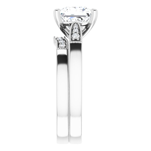 2.15 Square Moissanite DEF/VVS Cathedral Sidestone Engagement Ring in 18KW | AllComponents_ViewE 2.15 Square Moissanite DEF/VVS Cathedral Sidestone Engagement Ring in 18KW | AllComponents_ViewE