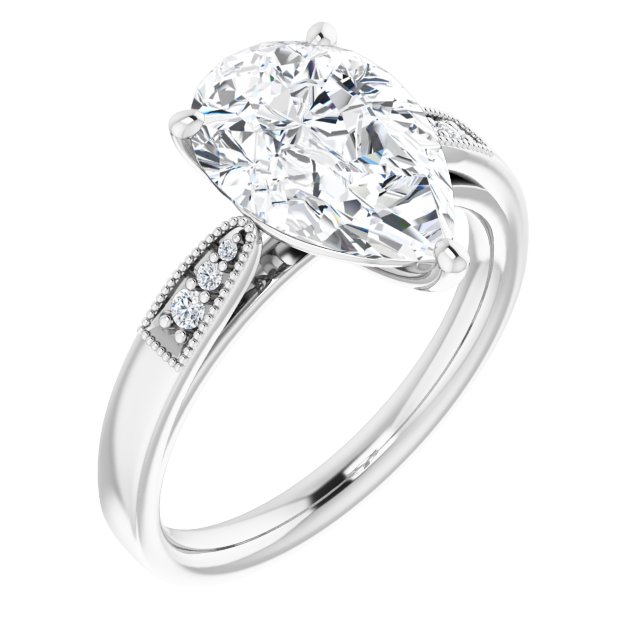 3.62 Pear Moissanite DEF/VVS Cathedral Sidestone Engagement Ring in 18KW | ViewA