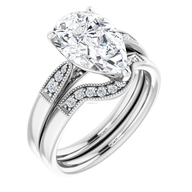 3.62 Pear Moissanite DEF/VVS Cathedral Sidestone Engagement Ring in 18KW | AllComponents_ViewA
