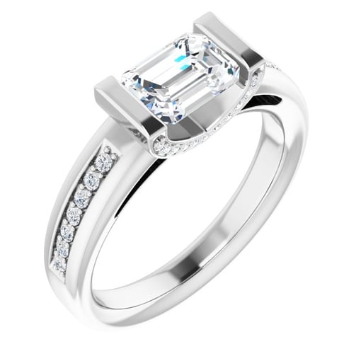 1.17 Emerald Moissanite DEF/VVS Tension Sidestone Engagement Ring in 18KW | ViewA