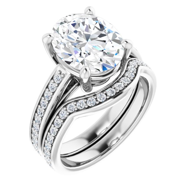 4.44 Oval Moissanite DEF/VVS Cathedral Sidestone Engagement Ring in 14KW | AllComponents_ViewA 4.44 Oval Moissanite DEF/VVS Cathedral Sidestone Engagement Ring in 14KW | AllComponents_ViewA
