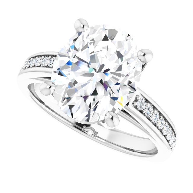4.44 Oval Moissanite DEF/VVS Cathedral Sidestone Engagement Ring in 14KW | View5 4.44 Oval Moissanite DEF/VVS Cathedral Sidestone Engagement Ring in 14KW | View5