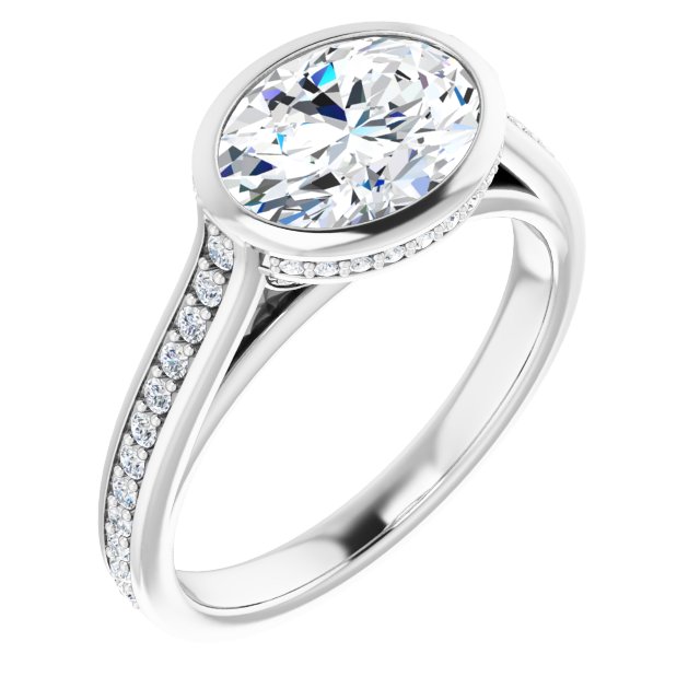 2.37 Oval Moissanite DEF/VVS Bezel East West Sidestone Engagement Ring in 14KW | ViewA 2.37 Oval Moissanite DEF/VVS Bezel East West Sidestone Engagement Ring in 14KW | ViewA