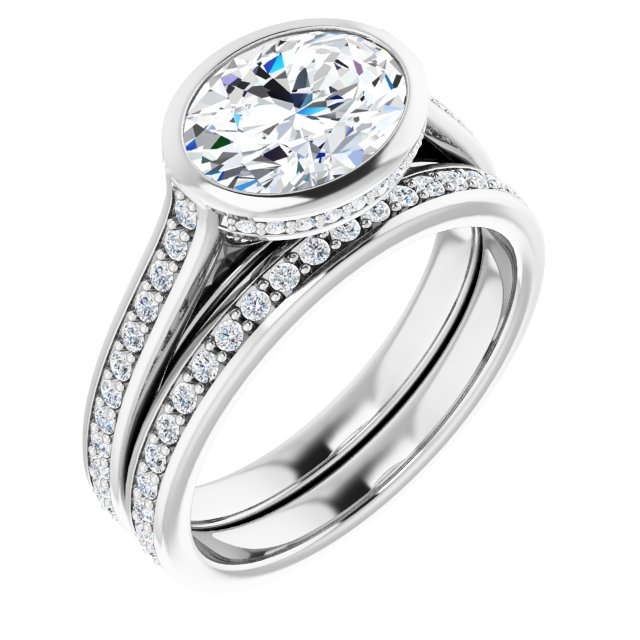 2.37 Oval Moissanite DEF/VVS Bezel East West Sidestone Engagement Ring in 14KW | AllComponents_ViewA 2.37 Oval Moissanite DEF/VVS Bezel East West Sidestone Engagement Ring in 14KW | AllComponents_ViewA