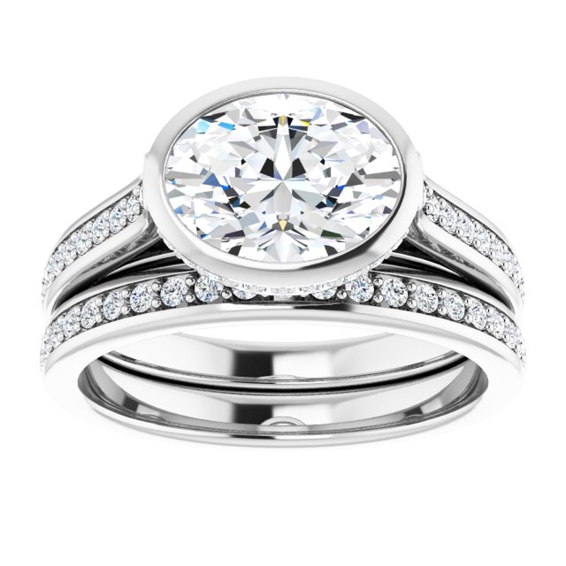 2.37 Oval Moissanite DEF/VVS Bezel East West Sidestone Engagement Ring in 14KW | AllComponents_ViewS 2.37 Oval Moissanite DEF/VVS Bezel East West Sidestone Engagement Ring in 14KW | AllComponents_ViewS