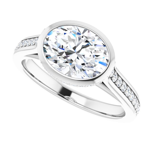 2.37 Oval Moissanite DEF/VVS Bezel East West Sidestone Engagement Ring in 14KW | View5 2.37 Oval Moissanite DEF/VVS Bezel East West Sidestone Engagement Ring in 14KW | View5