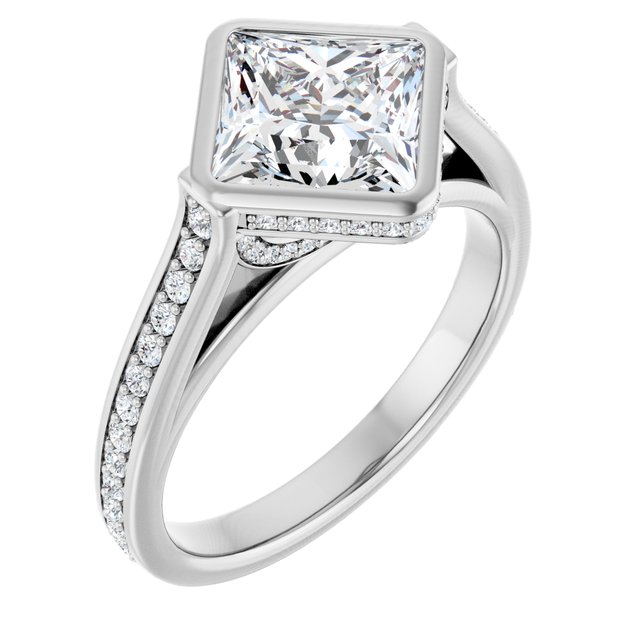 2.40 Square Moissanite DEF/VVS Bezel East West Sidestone Engagement Ring in 14KW | ViewA