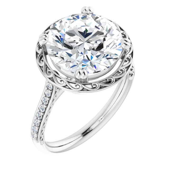 4.91 Round Moissanite DEF/VVS Engraved Sidestone Engagement Ring in 14KW | ViewA 4.91 Round Moissanite DEF/VVS Engraved Sidestone Engagement Ring in 14KW | ViewA