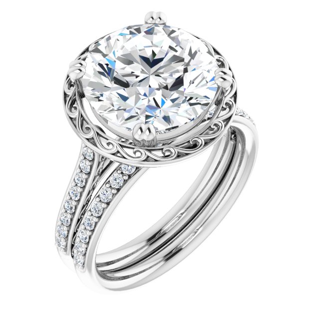 4.91 Round Moissanite DEF/VVS Engraved Sidestone Engagement Ring in 14KW | AllComponents_ViewA 4.91 Round Moissanite DEF/VVS Engraved Sidestone Engagement Ring in 14KW | AllComponents_ViewA