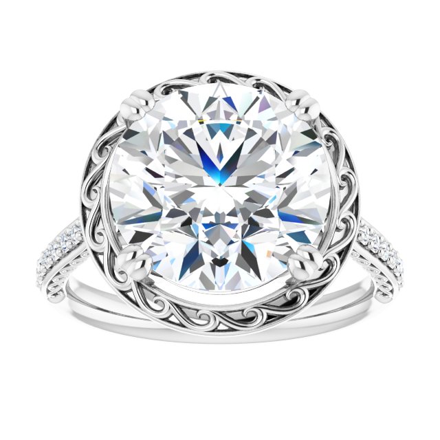 4.91 Round Moissanite DEF/VVS Engraved Sidestone Engagement Ring in 14KW | ViewS 4.91 Round Moissanite DEF/VVS Engraved Sidestone Engagement Ring in 14KW | ViewS