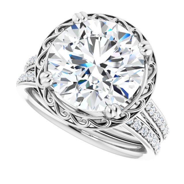 4.91 Round Moissanite DEF/VVS Engraved Sidestone Engagement Ring in 14KW | AllComponents_View5 4.91 Round Moissanite DEF/VVS Engraved Sidestone Engagement Ring in 14KW | AllComponents_View5