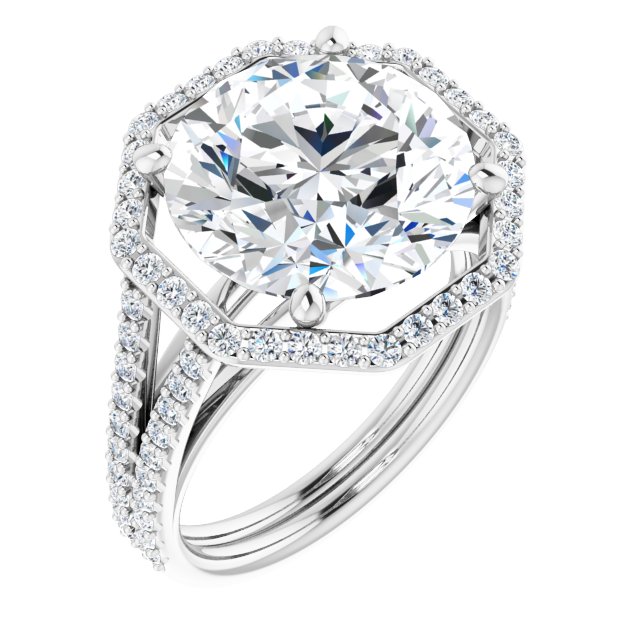 6.85 Tcw Round Moissanite DEF/VVS Geometric Halo Engagement Ring in 14KW | ViewA 6.85 Tcw Round Moissanite DEF/VVS Geometric Halo Engagement Ring in 14KW | ViewA
