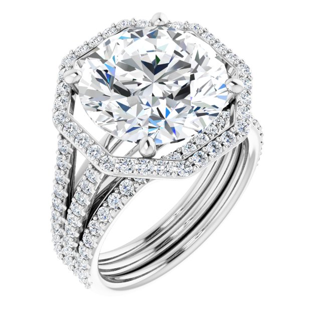 6.85 Tcw Round Moissanite DEF/VVS Geometric Halo Engagement Ring in 14KW | AllComponents_ViewA 6.85 Tcw Round Moissanite DEF/VVS Geometric Halo Engagement Ring in 14KW | AllComponents_ViewA