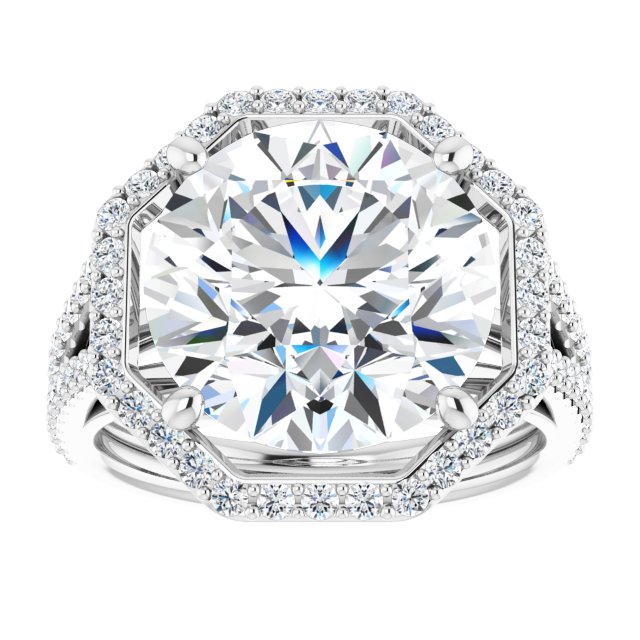 6.85 Tcw Round Moissanite DEF/VVS Geometric Halo Engagement Ring in 14KW | ViewS 6.85 Tcw Round Moissanite DEF/VVS Geometric Halo Engagement Ring in 14KW | ViewS
