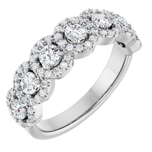 Seven Stone 1.06 Round Moissanite DEF/VVS Anniversary Ring in 14KW | ViewA