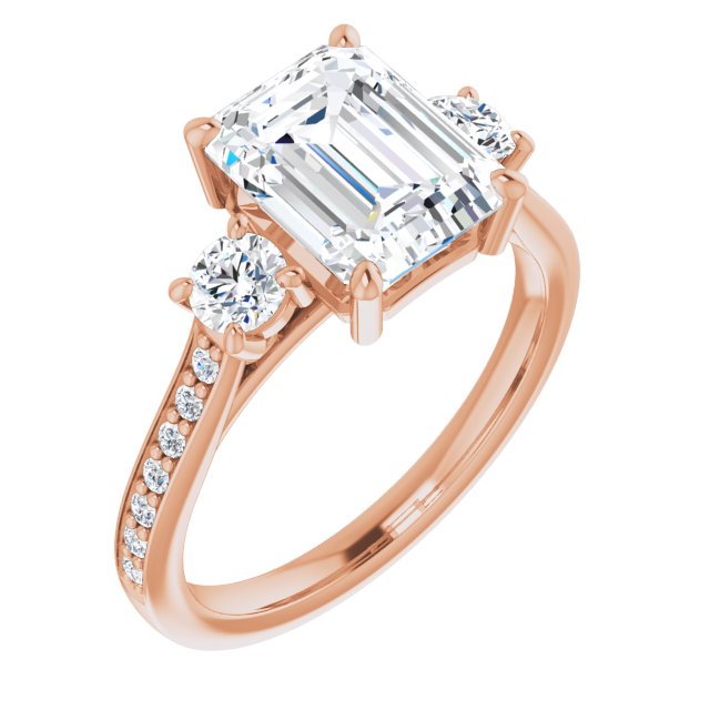 2.98 tcw Emerald Moissanite DEF/VVS Sculptural Three Stone Engagement Ring in 18KR | ViewA