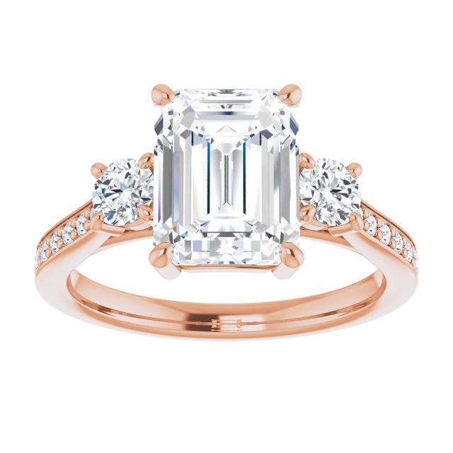 2.98 tcw Emerald Moissanite DEF/VVS Sculptural Three Stone Engagement Ring in 18KR | ViewS