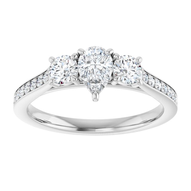 0.91 tcw Pear Diamond GH/VS2+ Sculptural Three Stone Engagement Ring in 18KW | ViewS 0.91 tcw Pear Diamond GH/VS2+ Sculptural Three Stone Engagement Ring in 18KW | ViewS