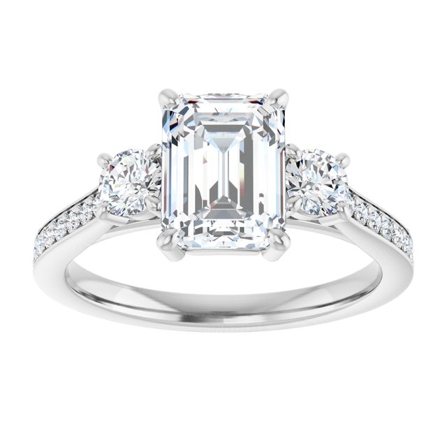 2.23 tcw Emerald Moissanite DEF/VVS Sculptural Three Stone Engagement Ring in PLAT | ViewS