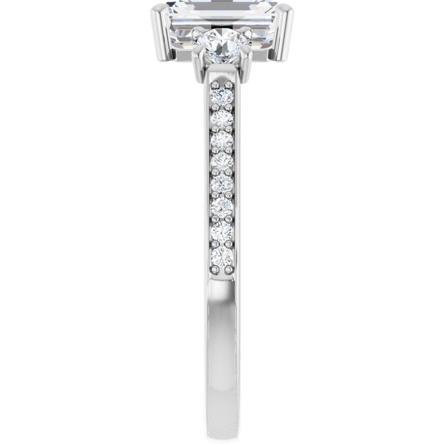 2.23 tcw Emerald Moissanite DEF/VVS Sculptural Three Stone Engagement Ring in PLAT | ViewE