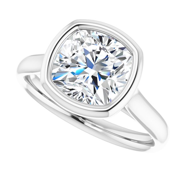 2.40 carat Cushion Moissanite DEF/VVS Bezel Solitaire Engagement Ring in 14KW | View5 2.40 carat Cushion Moissanite DEF/VVS Bezel Solitaire Engagement Ring in 14KW | View5