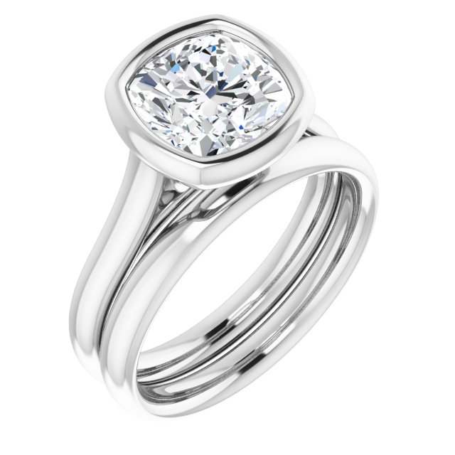 2.40 carat Cushion Moissanite DEF/VVS Bezel Solitaire Engagement Ring in 14KW | AllComponents_ViewA 2.40 carat Cushion Moissanite DEF/VVS Bezel Solitaire Engagement Ring in 14KW | AllComponents_ViewA