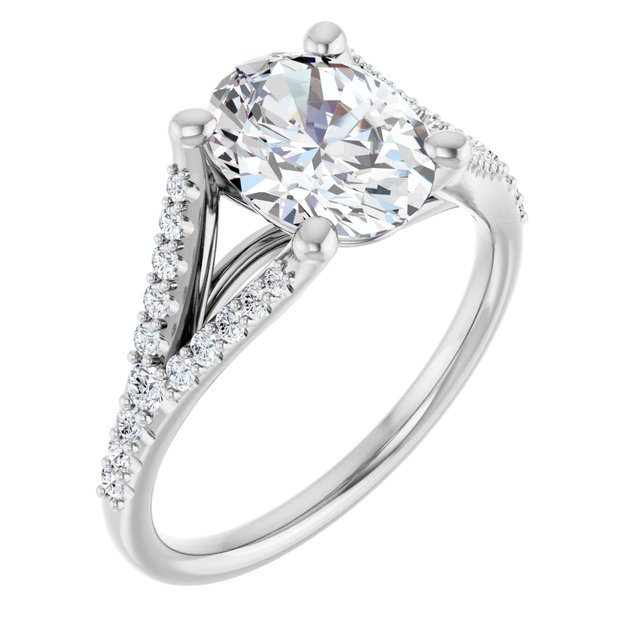 2.38 Oval Moissanite DEF/VVS Cathedral Sidestone Engagement Ring in 14KW | ViewA 2.38 Oval Moissanite DEF/VVS Cathedral Sidestone Engagement Ring in 14KW | ViewA