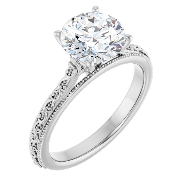 2.00 carat Round Moissanite DEF/VVS Vintage Solitaire Engagement Ring in 14KW | ViewA