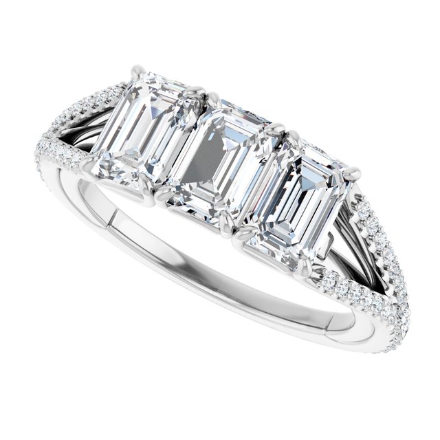 2.06 tcw Emerald Moissanite DEF/VVS Sculptural Three Stone Anniversary Ring in PLAT | View5 2.06 tcw Emerald Moissanite DEF/VVS Sculptural Three Stone Anniversary Ring in PLAT | View5