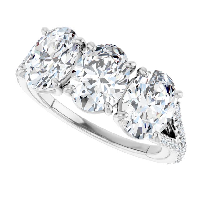 4.80 tcw Oval Moissanite DEF/VVS Sculptural Three Stone Anniversary Ring in 14KW | View5 4.80 tcw Oval Moissanite DEF/VVS Sculptural Three Stone Anniversary Ring in 14KW | View5