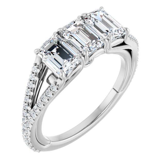 2.06 tcw Emerald Moissanite DEF/VVS Sculptural Three Stone Anniversary Ring in PLAT | ViewA