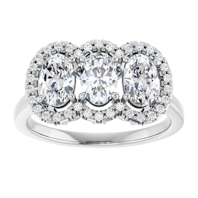 1.69 tcw Oval Lab-Grown GH/VS2+ Halo Three Stone Engagement Ring in 14KW | ViewS 1.69 tcw Oval Lab-Grown GH/VS2+ Halo Three Stone Engagement Ring in 14KW | ViewS