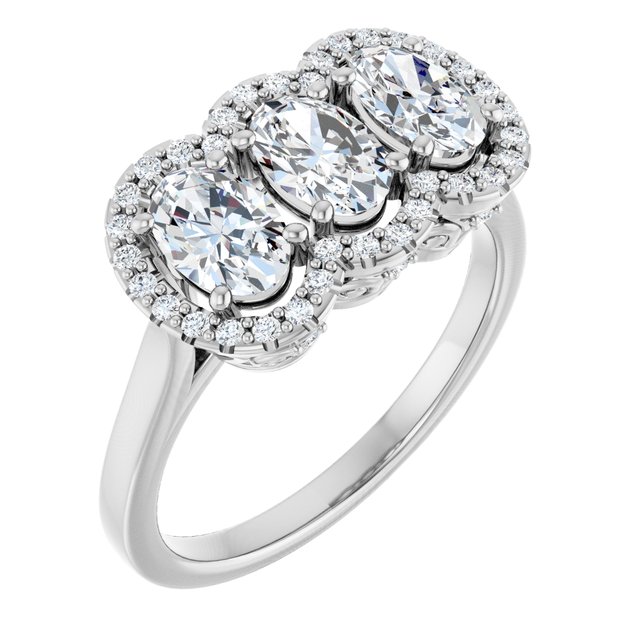 1.69 tcw Oval Lab-Grown GH/VS2+ Halo Three Stone Engagement Ring in 14KW | ViewA 1.69 tcw Oval Lab-Grown GH/VS2+ Halo Three Stone Engagement Ring in 14KW | ViewA