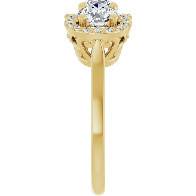 1.77 tcw Round Lab-Grown D/VVS2+ Halo Three Stone Engagement Ring in 18KY | ViewE 1.77 tcw Round Lab-Grown D/VVS2+ Halo Three Stone Engagement Ring in 18KY | ViewE