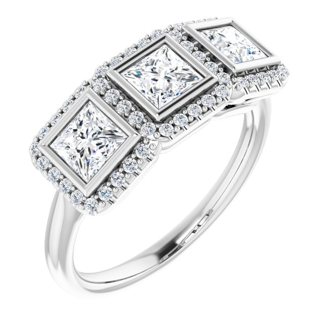 1.47 tcw Square Lab-Grown GH/VS2+ Halo Three Stone Anniversary Ring in 14KW | ViewA 1.47 tcw Square Lab-Grown GH/VS2+ Halo Three Stone Anniversary Ring in 14KW | ViewA