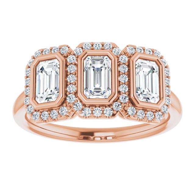 1.05 tcw Emerald Lab-Grown D/VVS2+ Halo Three Stone Anniversary Ring in 14KR | ViewS