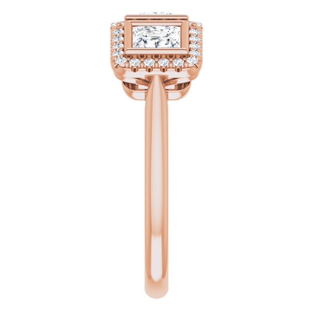 1.47 tcw Square Lab-Grown GH/VS2+ Halo Three Stone Anniversary Ring in 14KR | ViewE 1.47 tcw Square Lab-Grown GH/VS2+ Halo Three Stone Anniversary Ring in 14KR | ViewE