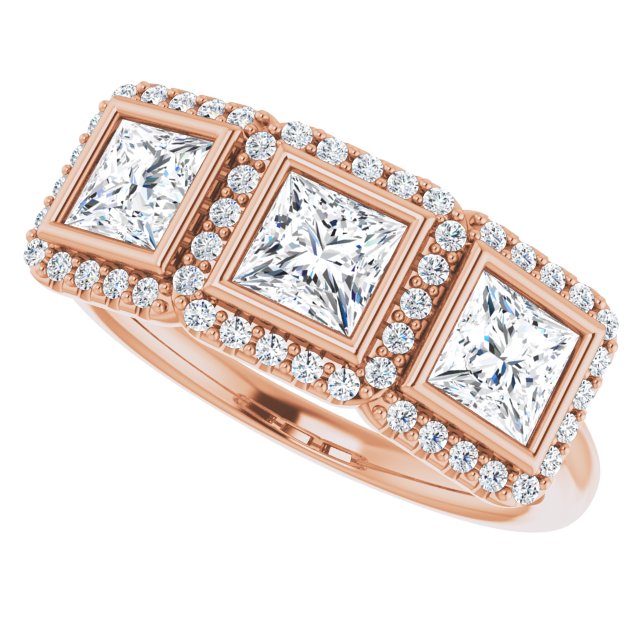 1.47 tcw Square Lab-Grown GH/VS2+ Halo Three Stone Anniversary Ring in 14KR | View5 1.47 tcw Square Lab-Grown GH/VS2+ Halo Three Stone Anniversary Ring in 14KR | View5