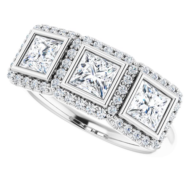 1.47 tcw Square Lab-Grown GH/VS2+ Halo Three Stone Anniversary Ring in 14KW | View5 1.47 tcw Square Lab-Grown GH/VS2+ Halo Three Stone Anniversary Ring in 14KW | View5