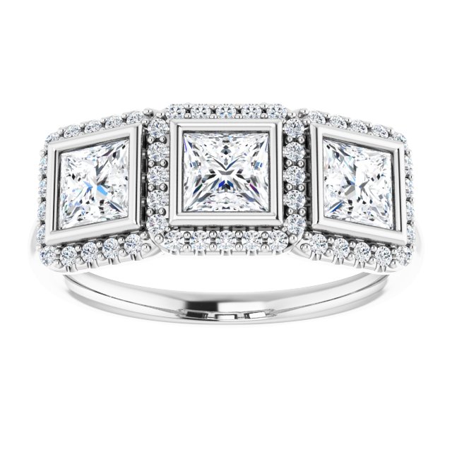 1.47 tcw Square Lab-Grown GH/VS2+ Halo Three Stone Anniversary Ring in 14KW | ViewS 1.47 tcw Square Lab-Grown GH/VS2+ Halo Three Stone Anniversary Ring in 14KW | ViewS
