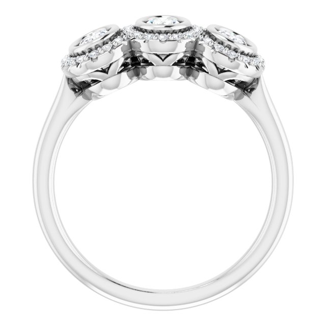 1.00 tcw Oval Moissanite DEF/VVS Halo Three Stone Anniversary Ring in PLAT | ViewB_4 1.00 tcw Oval Moissanite DEF/VVS Halo Three Stone Anniversary Ring in PLAT | ViewB_4