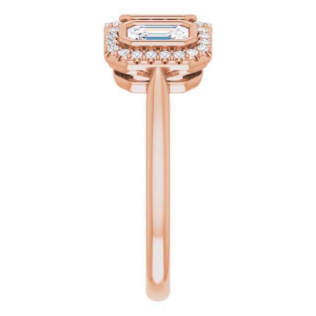 1.05 tcw Emerald Lab-Grown D/VVS2+ Halo Three Stone Anniversary Ring in 14KR | ViewE