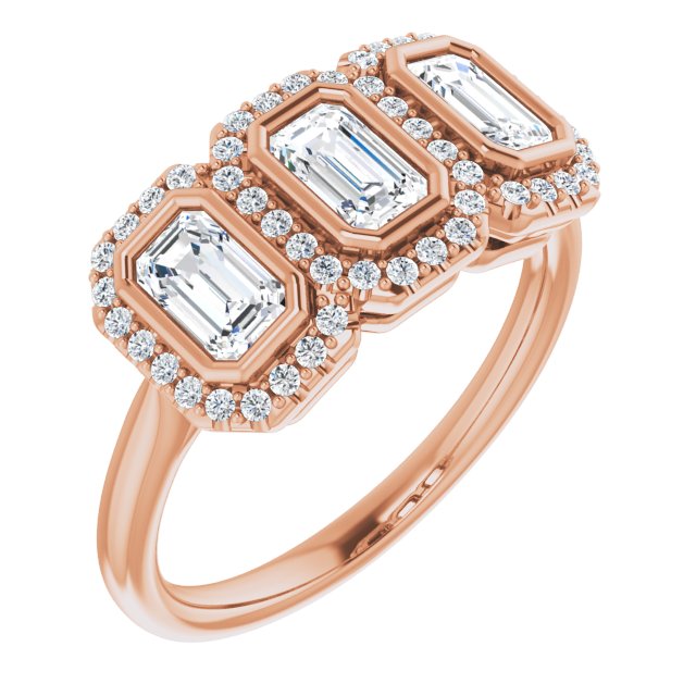 1.05 tcw Emerald Lab-Grown D/VVS2+ Halo Three Stone Anniversary Ring in 14KR | ViewA