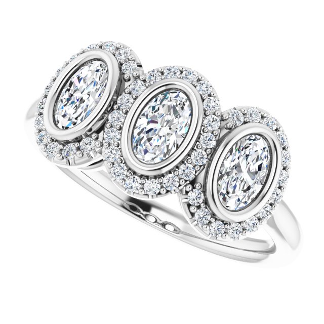 1.00 tcw Oval Moissanite DEF/VVS Halo Three Stone Anniversary Ring in PLAT | View5 1.00 tcw Oval Moissanite DEF/VVS Halo Three Stone Anniversary Ring in PLAT | View5