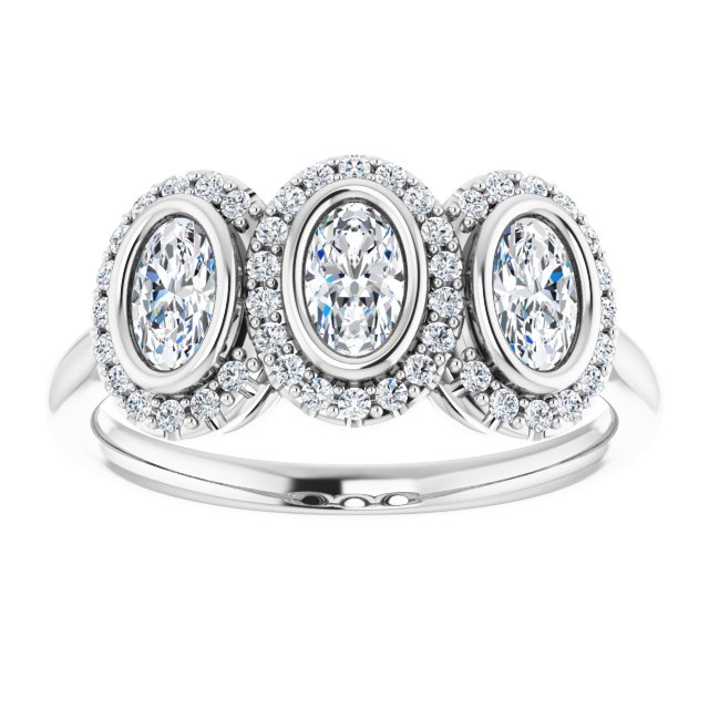 1.00 tcw Oval Moissanite DEF/VVS Halo Three Stone Anniversary Ring in PLAT | ViewS 1.00 tcw Oval Moissanite DEF/VVS Halo Three Stone Anniversary Ring in PLAT | ViewS